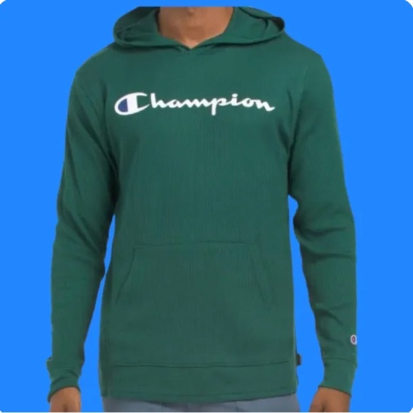 CHAMPION FOREST GREEN Center Chest Logo Waffle Hoodie Small NWT - Picture 2 of 5
